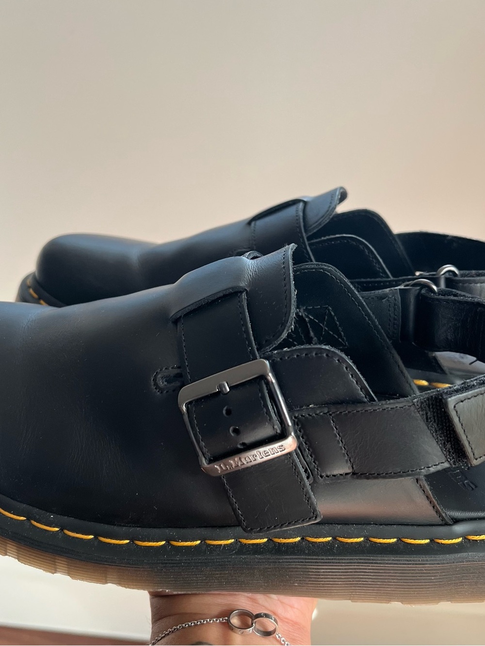 Dr. Martens Jorge II Black Leather Buckle Slip-On Clogs mule with Yellow Stitch